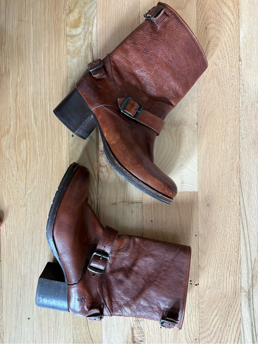 Frye Brown Leather Mid-Calf Buckle Heeled Boots